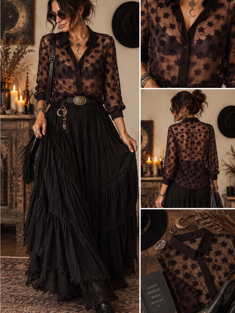 H&M NWT Witchy Goth DarkPurple Sheer Star Appliqué Button-Up Blouse
